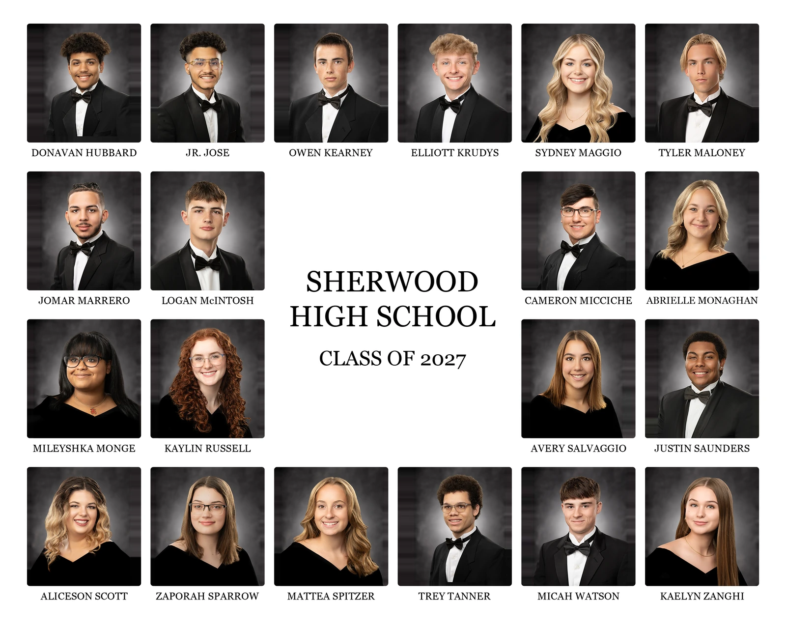 A real Class Compositer output: portraits and names arranged around a central school heading
