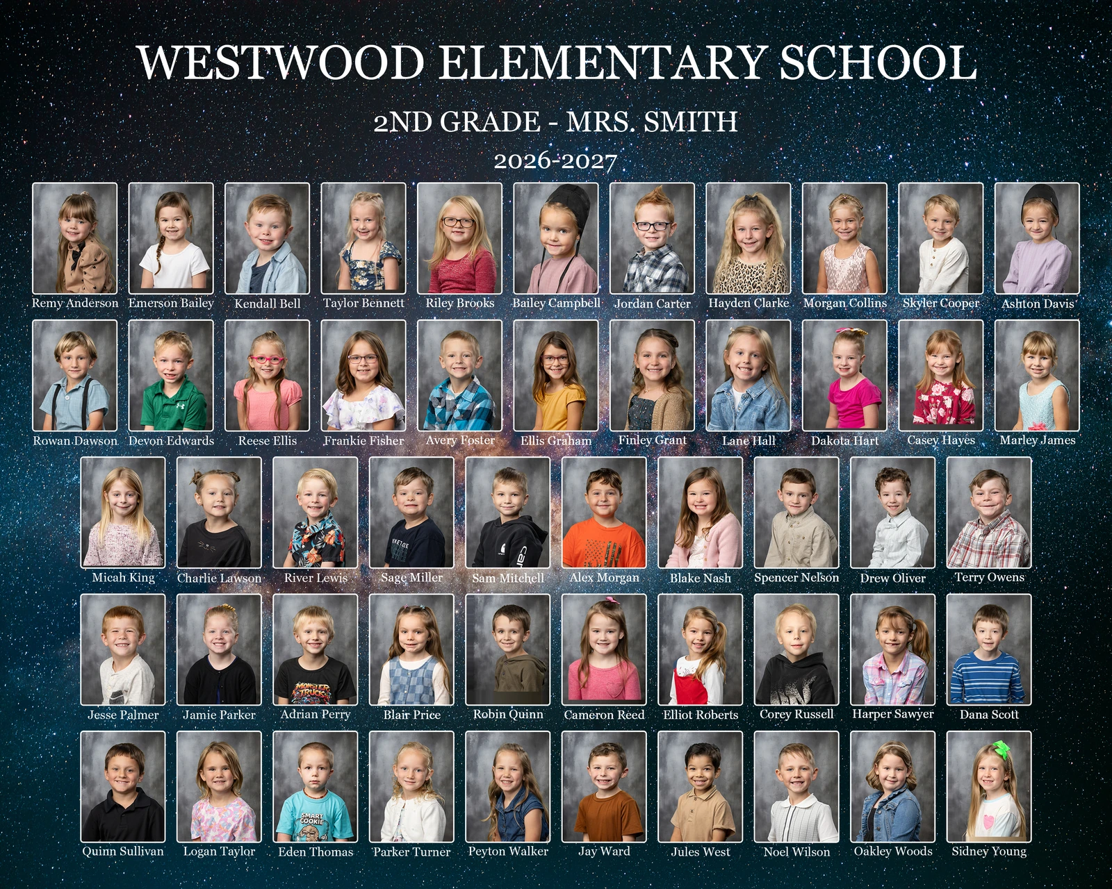 Westwood Elementary School composite with 52 portraits, names, and a starry background