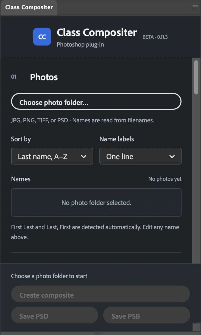 The Photos section of the Class Compositer panel, showing folder selection and name controls